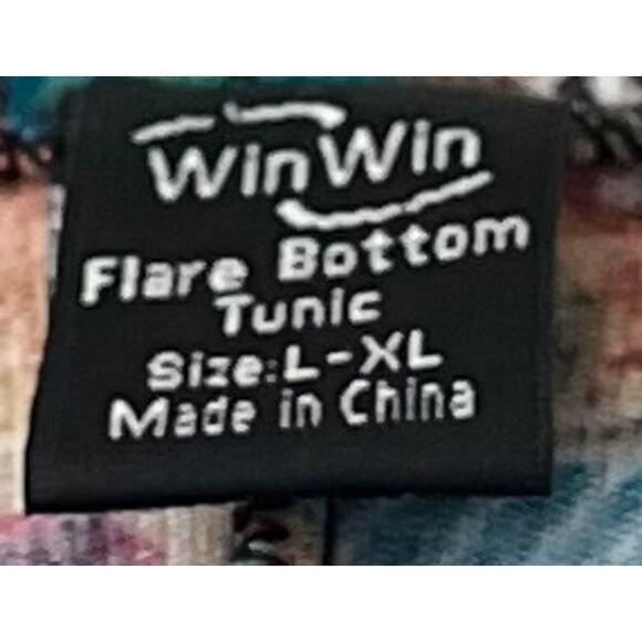 WIN WIN LONG SLV V-NECK FLARE BOTTOM TUNIC, WOMENS, L-XL, MULTICOLORS, ABSTRACT - Picture 11 of 12